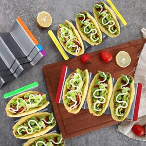 Taco Holder Stands Stainless Steel Set of 6 with Colorful Silicone Easy-Access Handle, Taco Rack, Taco Shell Holder, Taco Tray, Oven, Grill, and Dishwasher Safe, Smooth Edge