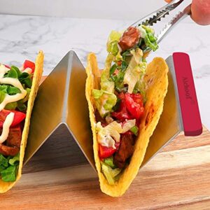 Taco Holder Stands Stainless Steel Set of 6 with Colorful Silicone Easy-Access Handle, Taco Rack, Taco Shell Holder, Taco Tray, Oven, Grill, and Dishwasher Safe, Smooth Edge