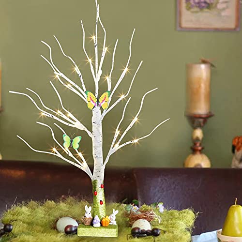 EAMBRITE Tabletop Tree Spring Decor, Easter Tree with Timer Battery Powered, White Birch Tree Rustic Farmhouse Centerpiece Table Artificial Twig Tree Decorations for Home Party Indoor (2 FT/24 LED)