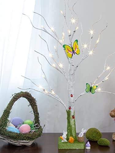 EAMBRITE Tabletop Tree Spring Decor, Easter Tree with Timer Battery Powered, White Birch Tree Rustic Farmhouse Centerpiece Table Artificial Twig Tree Decorations for Home Party Indoor (2 FT/24 LED)