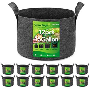 delxo 12-pack 15 gallon heavy duty aeration fabric pots thickened nonwoven plant grow bags grey