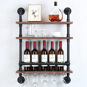 haovon industrial pipe shelf wine rack wall mounted with 5 stem glass holder,3-tiers rustic floating bar shelves wine shelf,24in real wood shelves wall shelf unit,pipe shelving glass rack