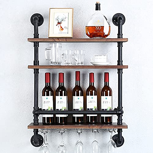 HAOVON Industrial Pipe Shelf Wine Rack Wall Mounted with 5 Stem Glass Holder,3-Tiers Rustic Floating Bar Shelves Wine Shelf,24in Real Wood Shelves Wall Shelf Unit,Pipe Shelving Glass Rack