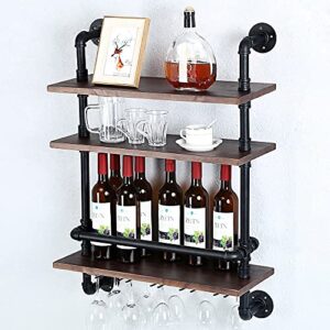 HAOVON Industrial Pipe Shelf Wine Rack Wall Mounted with 5 Stem Glass Holder,3-Tiers Rustic Floating Bar Shelves Wine Shelf,24in Real Wood Shelves Wall Shelf Unit,Pipe Shelving Glass Rack