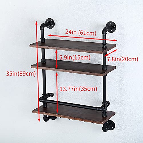 HAOVON Industrial Pipe Shelf Wine Rack Wall Mounted with 5 Stem Glass Holder,3-Tiers Rustic Floating Bar Shelves Wine Shelf,24in Real Wood Shelves Wall Shelf Unit,Pipe Shelving Glass Rack