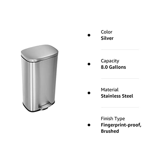 Kitchen Trash Can with Lid Step Trash Bin Fingerprint-Proof for Office Bedroom Bathroom Brushed Stainless Steel Garbage Can 8 Gallon/ 30L