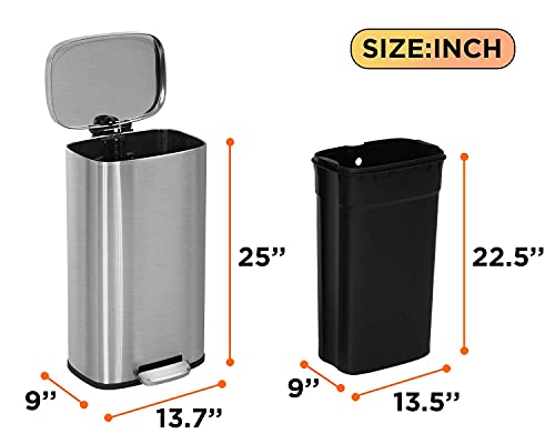 Kitchen Trash Can with Lid Step Trash Bin Fingerprint-Proof for Office Bedroom Bathroom Brushed Stainless Steel Garbage Can 8 Gallon/ 30L