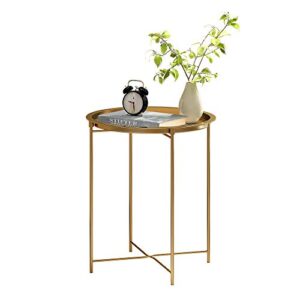 home bi small round end table, accent side table nightstand with removable tray top for living room bedroom, folding mini coffee table, all metal frame, no assembly required, gold