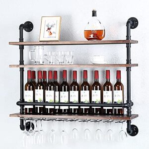 Industrial Pipe Shelf Wine Rack Wall Mounted with 9 Stem Glass Holder,3-Tiers Rustic Floating Bar Shelves Wine Shelf,36in Real Wood Shelves Wall Shelf Unit,Steam Punk Pipe Shelving Wine Glass Rack
