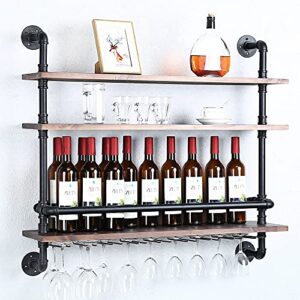 industrial pipe shelf wine rack wall mounted with 9 stem glass holder,3-tiers rustic floating bar shelves wine shelf,36in real wood shelves wall shelf unit,steam punk pipe shelving wine glass rack
