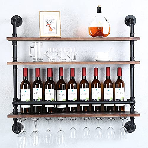 Industrial Pipe Shelf Wine Rack Wall Mounted with 9 Stem Glass Holder,3-Tiers Rustic Floating Bar Shelves Wine Shelf,36in Real Wood Shelves Wall Shelf Unit,Steam Punk Pipe Shelving Wine Glass Rack