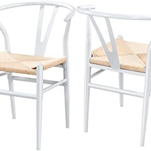 Yaheetech Set of 2 Weave Chair Mid-Century Metal Dining Chair Y-Shaped Backrest Hemp Seat, White