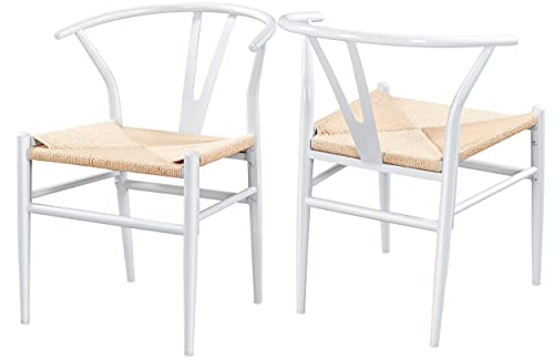 Yaheetech Set of 2 Weave Chair Mid-Century Metal Dining Chair Y-Shaped Backrest Hemp Seat, White