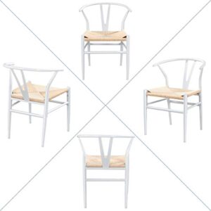 Yaheetech Set of 2 Weave Chair Mid-Century Metal Dining Chair Y-Shaped Backrest Hemp Seat, White