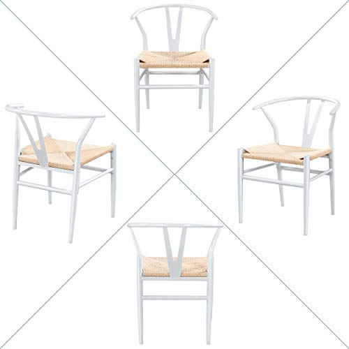 Yaheetech Set of 2 Weave Chair Mid-Century Metal Dining Chair Y-Shaped Backrest Hemp Seat, White