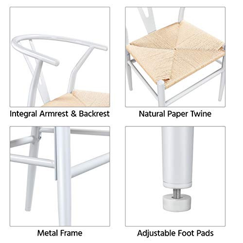 Yaheetech Set of 2 Weave Chair Mid-Century Metal Dining Chair Y-Shaped Backrest Hemp Seat, White