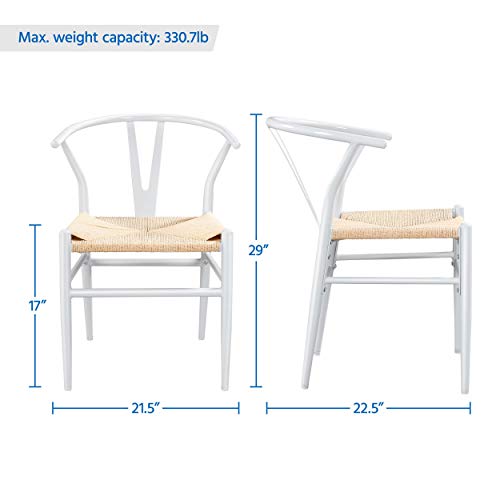 Yaheetech Set of 2 Weave Chair Mid-Century Metal Dining Chair Y-Shaped Backrest Hemp Seat, White