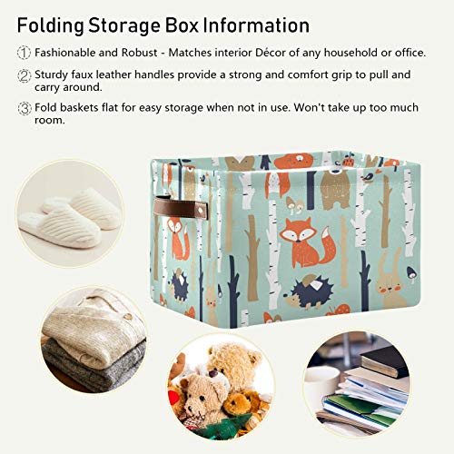 Animal Fox Bear Rabbit Storage Basket Large Foldable Storage Organizer Cubes Bins with Leather Handles Sturdy Collapsible Boxes for Shelf Cloth Toy Closet-1 Pack