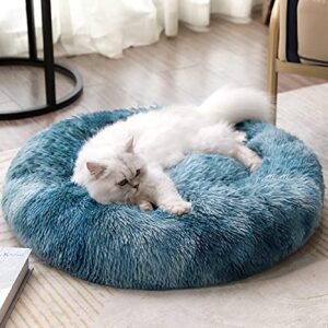 round dog cat bed donut cuddler, faux fur plush pet cushion for large medium small dogs, self-warming and cozy for improved sleep gradient blue, small (20" x20")