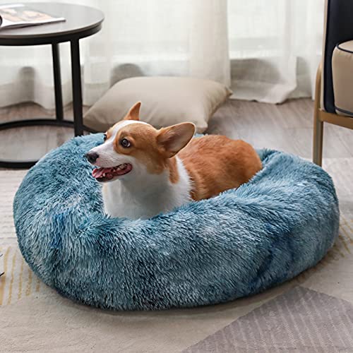 Round Dog Cat Bed Donut Cuddler, Faux Fur Plush Pet Cushion for Large Medium Small Dogs, Self-Warming and Cozy for Improved Sleep Gradient Blue, Small (20" x20")