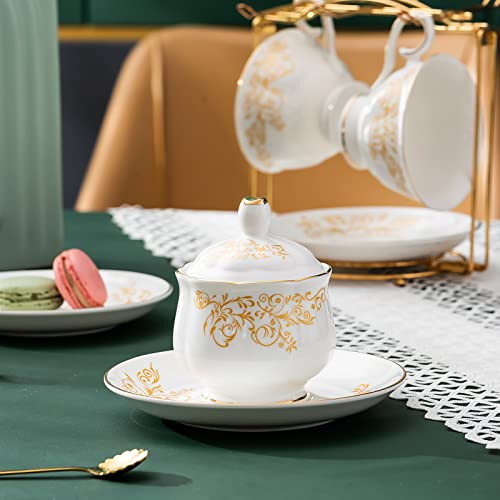 Daveinmic 22-Pieces Porcelain Tea Set, Cups& Saucer Service for 6, with Spoons,Teapot,Sugar Bowl,Creamer Pitcher and Golden Metal Rack,China Tea Gift Sets for Home&Party