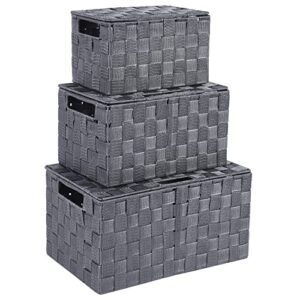 harrage decorative storage boxes with lids - 3 pack storage bins wicker basket with lid, woven storage basket for organizing for office shelf closet cloth toy book (grey)