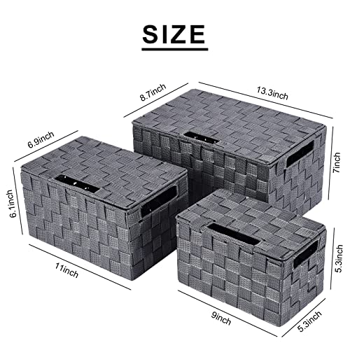 Harrage Decorative Storage Boxes with Lids - 3 Pack Storage Bins Wicker Basket with Lid, Woven Storage Basket for Organizing for Office Shelf Closet Cloth Toy Book (Grey)