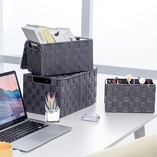Harrage Decorative Storage Boxes with Lids - 3 Pack Storage Bins Wicker Basket with Lid, Woven Storage Basket for Organizing for Office Shelf Closet Cloth Toy Book (Grey)