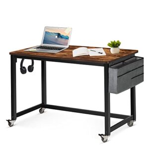 ahb 47" rolling computer desk with 4 smooth wheels and 3 iron hooks, simple style mobile writing desk home office study table movable workstation with metal frame