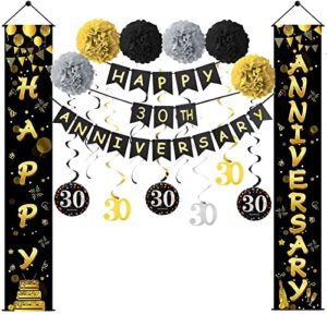 yoaokiy 30 year anniversary decorations kit, 30th wedding anniversary banner party decorations supplies, gold happy 30th anniversary banner porch sign decor