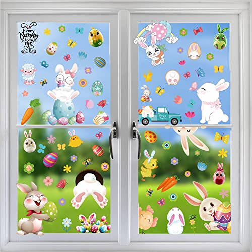 DmHirmg Easter Window Clings, Upgraded Static Easter Window Sticker, Easter Decorations Window Clings Stickers Decal,Cute Bunny Radish Eggs Carrot Decals for Kids School Office Home Glass Decals for Easter Home Party Decorations Supplies 9 Sheets