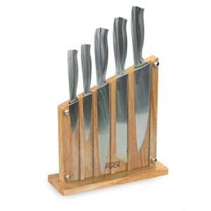 wolfgang puck 6-piece fully-forged stainless steel knife set with knife block; carbon stainless steel blades and ergonomic handles; blonde wood block with acrylic safety shield; chef quality cutlery