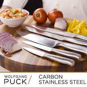 Wolfgang Puck 6-Piece Fully-Forged Stainless Steel Knife Set with Knife Block; Carbon Stainless Steel Blades and Ergonomic Handles; Blonde Wood Block with Acrylic Safety Shield; Chef Quality Cutlery