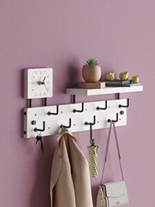 entryway coat hooks with shelf and clock, wall-mounted hanging rack, hallway/living room/bedroom organize and decor display hook rack. bamboo wood body with 8 metal hooks, white colour
