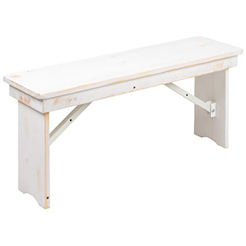 EMMA + OLIVER 40" x 12" Antique Rustic White Solid Pine Folding Farm Bench - Portable Bench