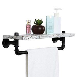 MyGift Shabby Whitewashed Wood Small Bathroom Shelf Wall Mounted Industrial Metal Pipe Towel Bar