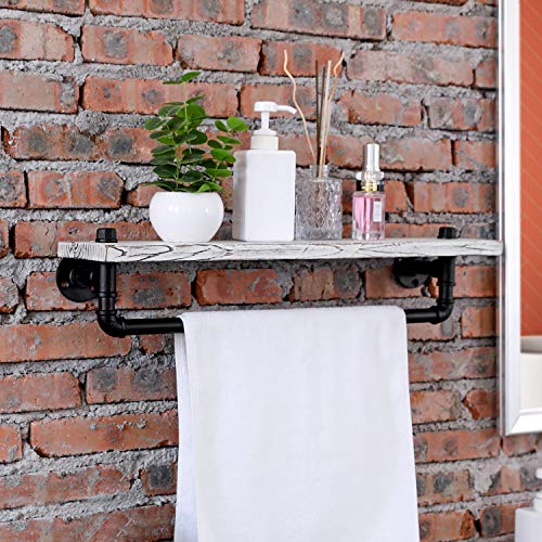 MyGift Shabby Whitewashed Wood Small Bathroom Shelf Wall Mounted Industrial Metal Pipe Towel Bar