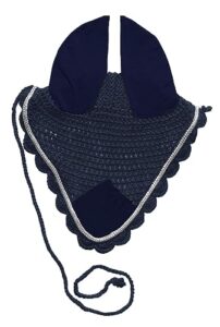 crocheted fly hood horse ear bonnet with silver metallic piping trim (navy)