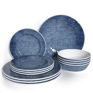 barnyard designs 12-piece melamine dinnerware set, durable chip-resistant dishware for indoor/outdoor use, farmhouse dishes, service for 4, denim blue, (dinner plate: 11”, salad plate: 8.5”, bowl: 7”)