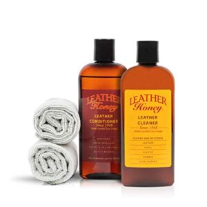 leather honey leather conditioner & cleaning kit for use on leather apparel, furniture, auto interiors, shoes, bags and accessories. conditioner, cleaner and 2 lint-free cloths.