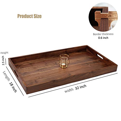 MAGIGO 32 x 18 Inches Extra Large Rectangle Black Walnut Wood Ottoman Tray with Handles, Serve Tea, Coffee Classic Wooden Decorative Serving Tray
