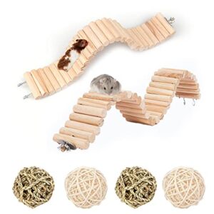 kathson 6 pcs wooden hamster suspension ladder bridge,bendable long climbing ladders pet cage toy accessories hideout natural chew balls for mouse chipmunk rabbits and other small animals
