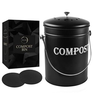 compost bin kitchen 1.3 gallon smell free charcoal filter countertop compost bin with lid - stainless steel rust-free composting bin for kitchen counter compost bucket includes a spare filter (black