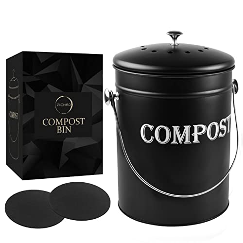 Compost Bin Kitchen 1.3 Gallon Smell Free Charcoal Filter Countertop Compost Bin with Lid - Stainless Steel Rust-Free Composting Bin for Kitchen Counter Compost Bucket Includes a Spare Filter (Black