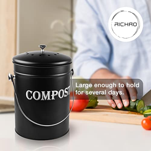 Compost Bin Kitchen 1.3 Gallon Smell Free Charcoal Filter Countertop Compost Bin with Lid - Stainless Steel Rust-Free Composting Bin for Kitchen Counter Compost Bucket Includes a Spare Filter (Black