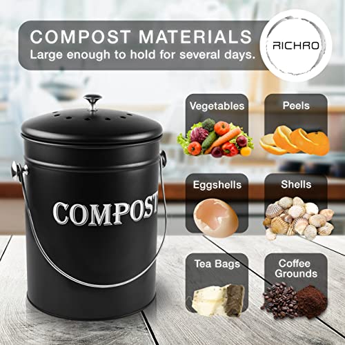 Compost Bin Kitchen 1.3 Gallon Smell Free Charcoal Filter Countertop Compost Bin with Lid - Stainless Steel Rust-Free Composting Bin for Kitchen Counter Compost Bucket Includes a Spare Filter (Black