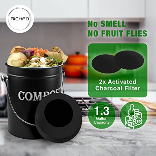 Compost Bin Kitchen 1.3 Gallon Smell Free Charcoal Filter Countertop Compost Bin with Lid - Stainless Steel Rust-Free Composting Bin for Kitchen Counter Compost Bucket Includes a Spare Filter (Black