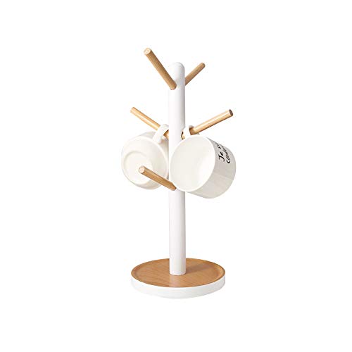 Lifenanny Wooden Mug Holder Tree, Removable Coffee Tea Cup Holder Display Stand for Counter, Mug Rack with 6 Hooks (White)