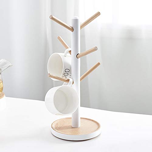 Lifenanny Wooden Mug Holder Tree, Removable Coffee Tea Cup Holder Display Stand for Counter, Mug Rack with 6 Hooks (White)