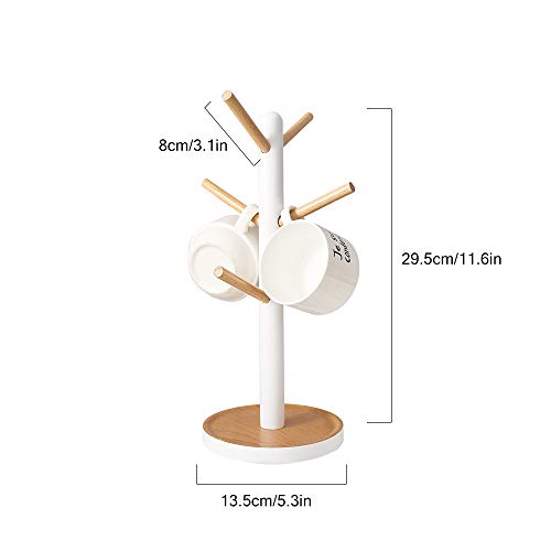 Lifenanny Wooden Mug Holder Tree, Removable Coffee Tea Cup Holder Display Stand for Counter, Mug Rack with 6 Hooks (White)